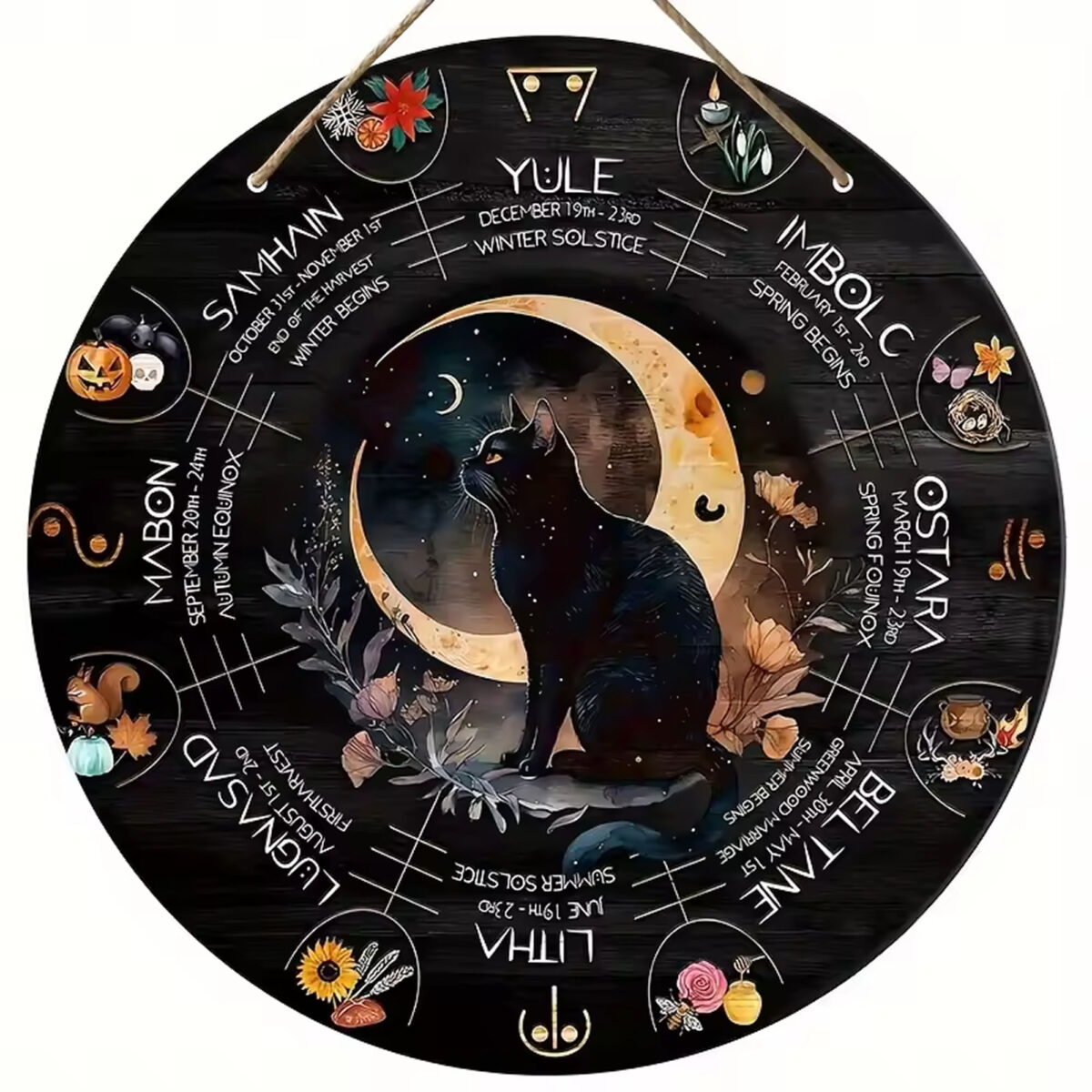 Wheel of the Year Wicca Calendar - Black Wooden Sabbat Wall Art