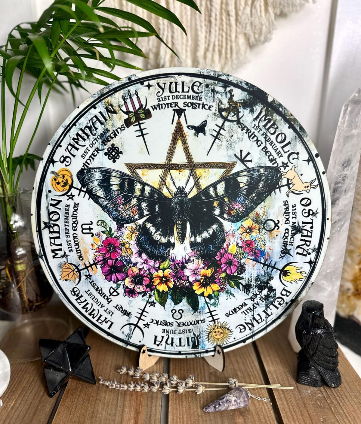 Moth Floral Pentagram Wheel of the Year - Wiccan Pagan Wall Art
