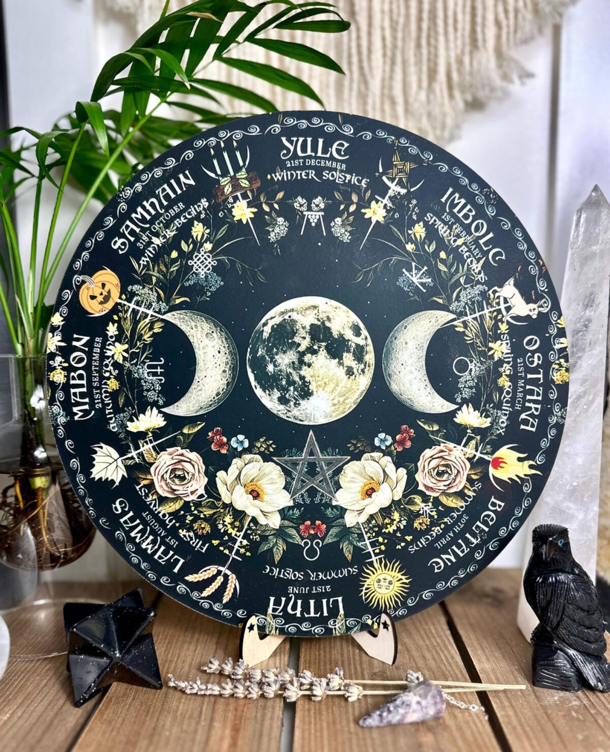 Triple Moon Wheel of the Year Board - Wiccan Sabbat Altar Decor